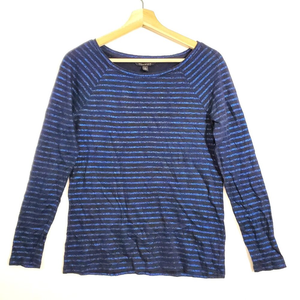 Banana Republic Women's Small Top Knit Long Sleeves Striped Metallic Black Blue